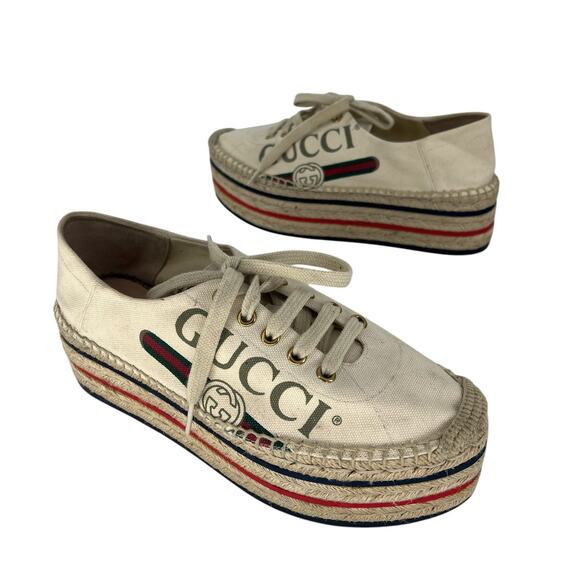 Gucci Cream Lace Up Canvas Logo Platform Espadrilles - Picture 4 of 16